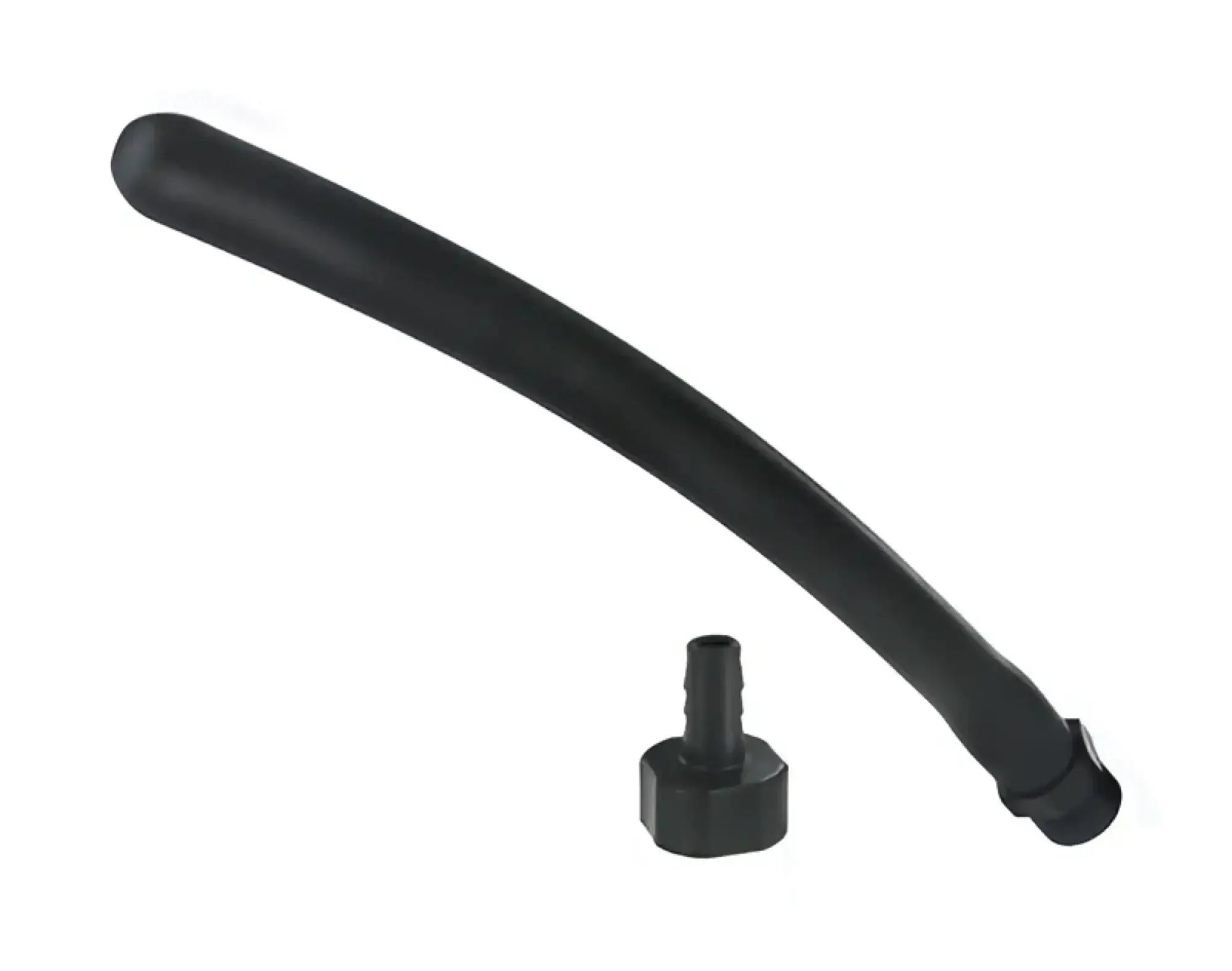 Black flexible hose with black plastic connector cap featuring silicone tip for CleanStream Comfort Nozzle back side