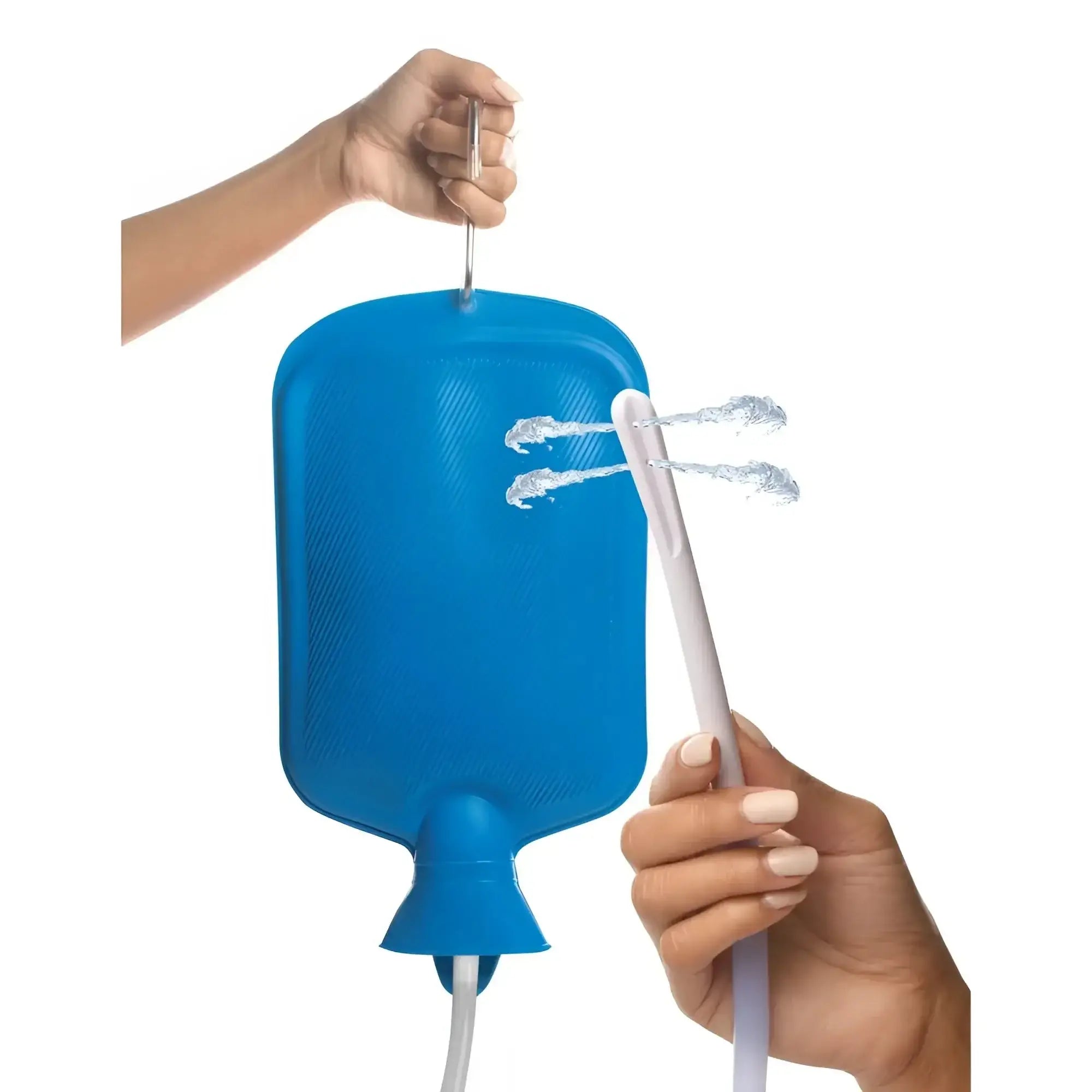 Blue silicone hot water bottle with white spout and tubing in cleanstream deluxe shower enema bag and nozzle kit