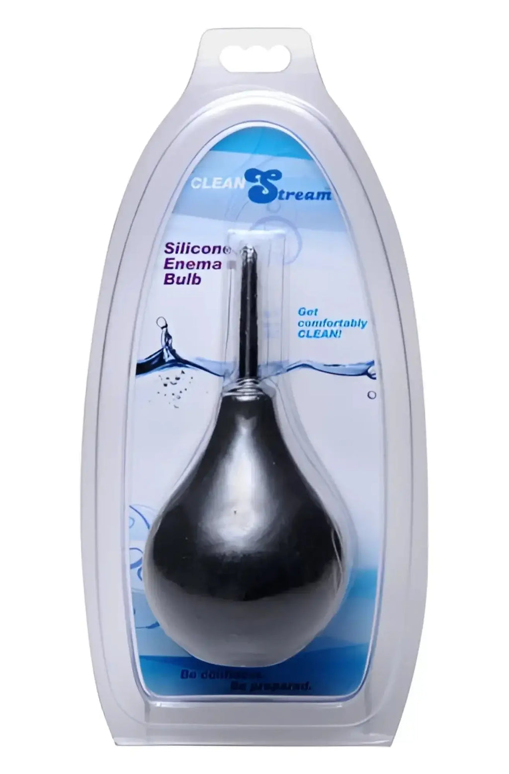 Cleanstream thin tip black silicone enema bulb in clear plastic packaging for gentle personal cleansing