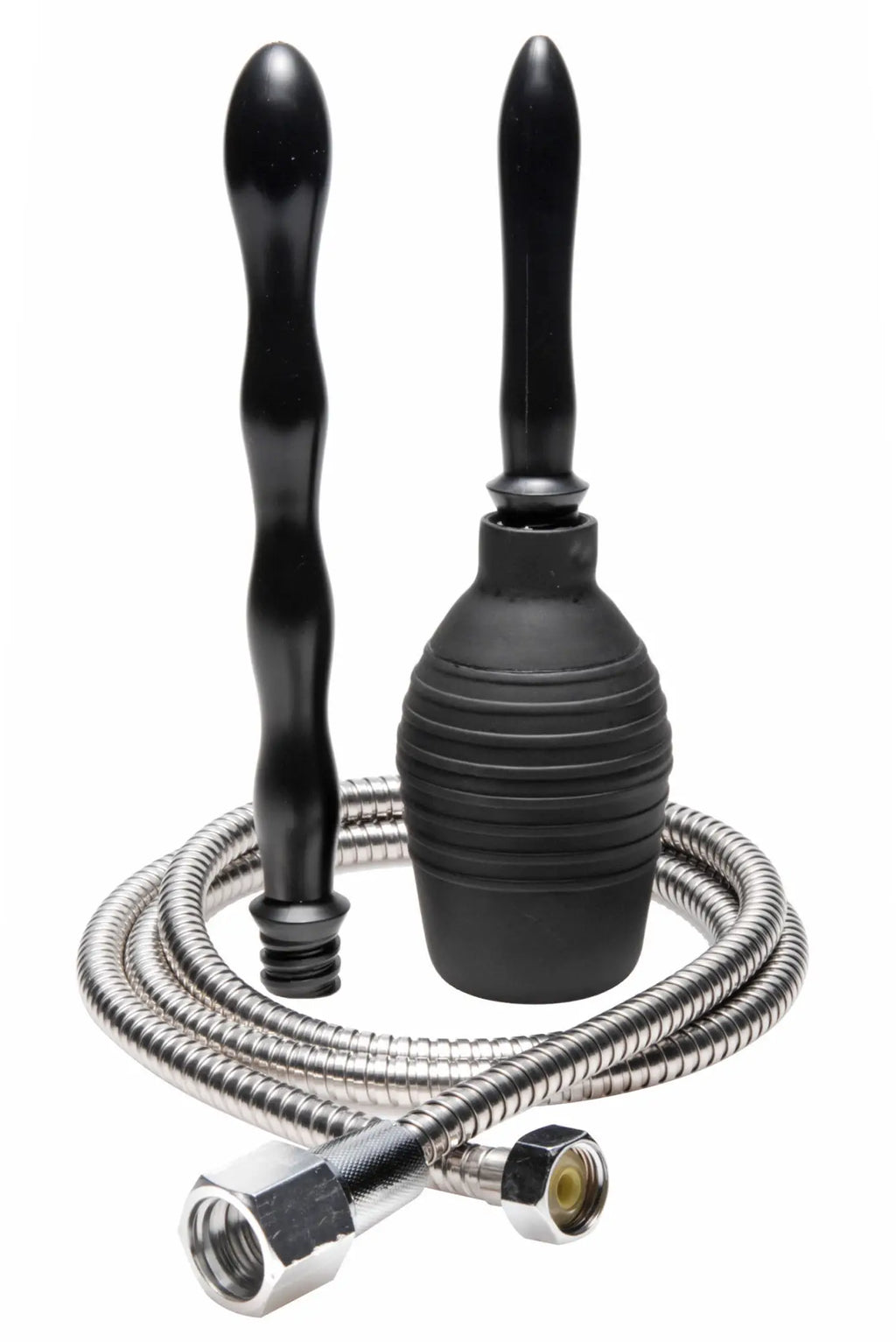 Cleanstream all in one shower enema cleansing system with black rubber bulb, two black plastic handles, and coiled metal hose