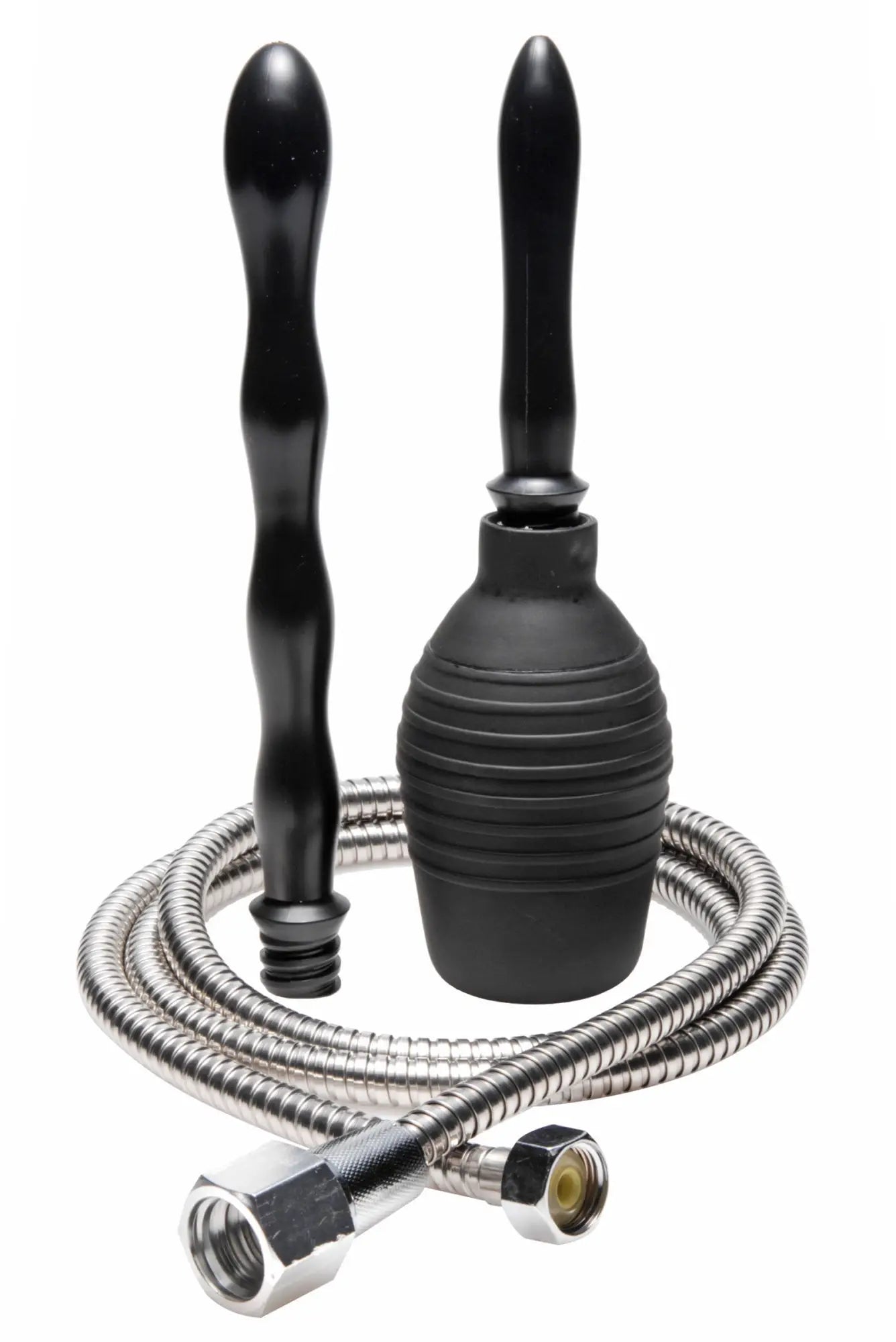 Cleanstream all in one shower enema cleansing system with black rubber bulb, two black plastic handles, and coiled metal hose