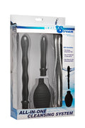 CleanStream all in one shower enema cleansing system with black silicone bulb, textured grip, and flared base in clear box