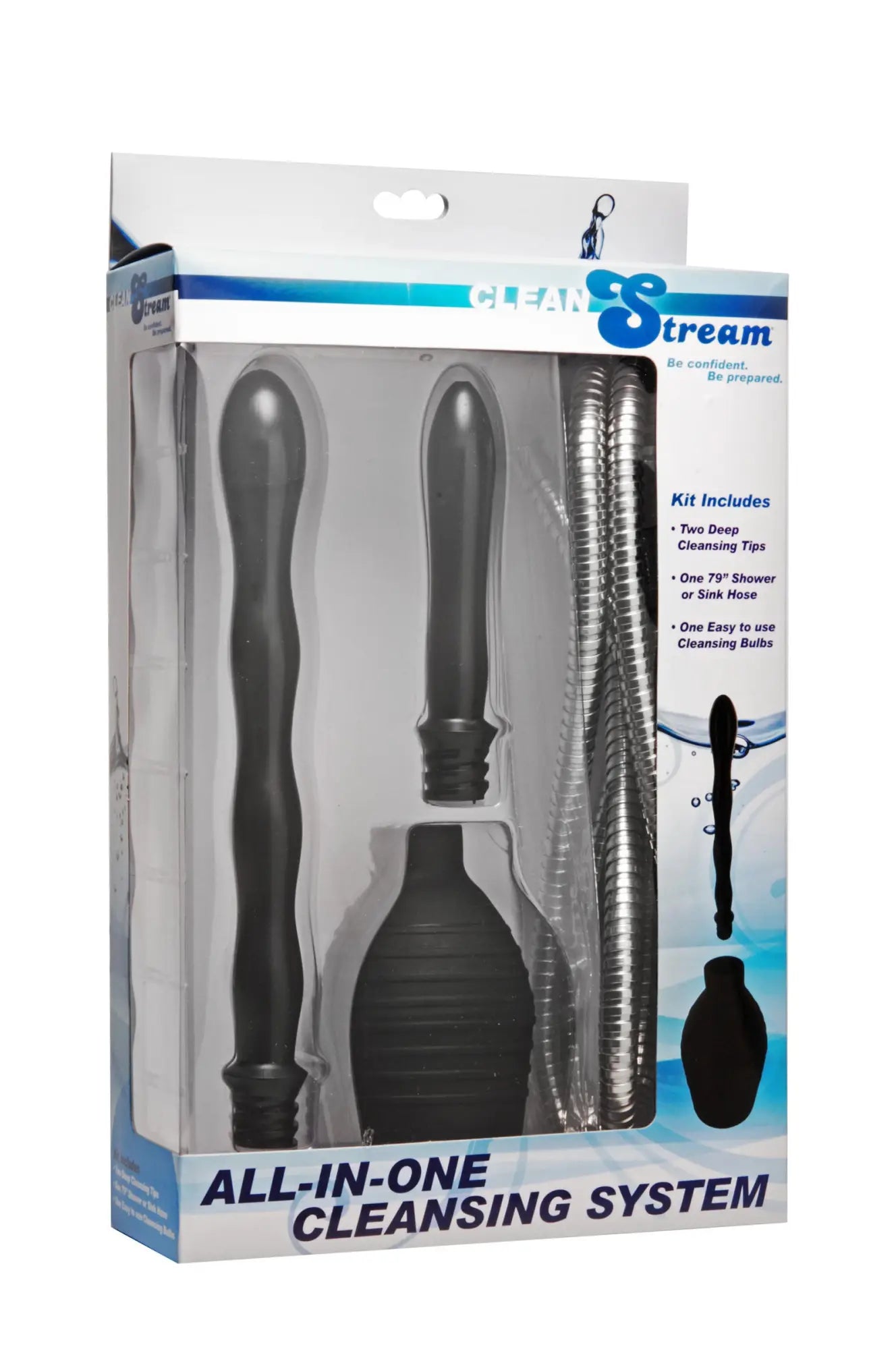 CleanStream all in one shower enema cleansing system with black silicone bulb, textured grip, and flared base in clear box