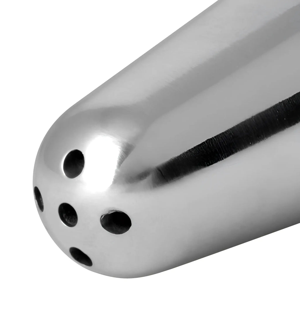 Shiny stainless steel pepper shaker with five circular perforations on rounded top for cleanstream aluminip tip