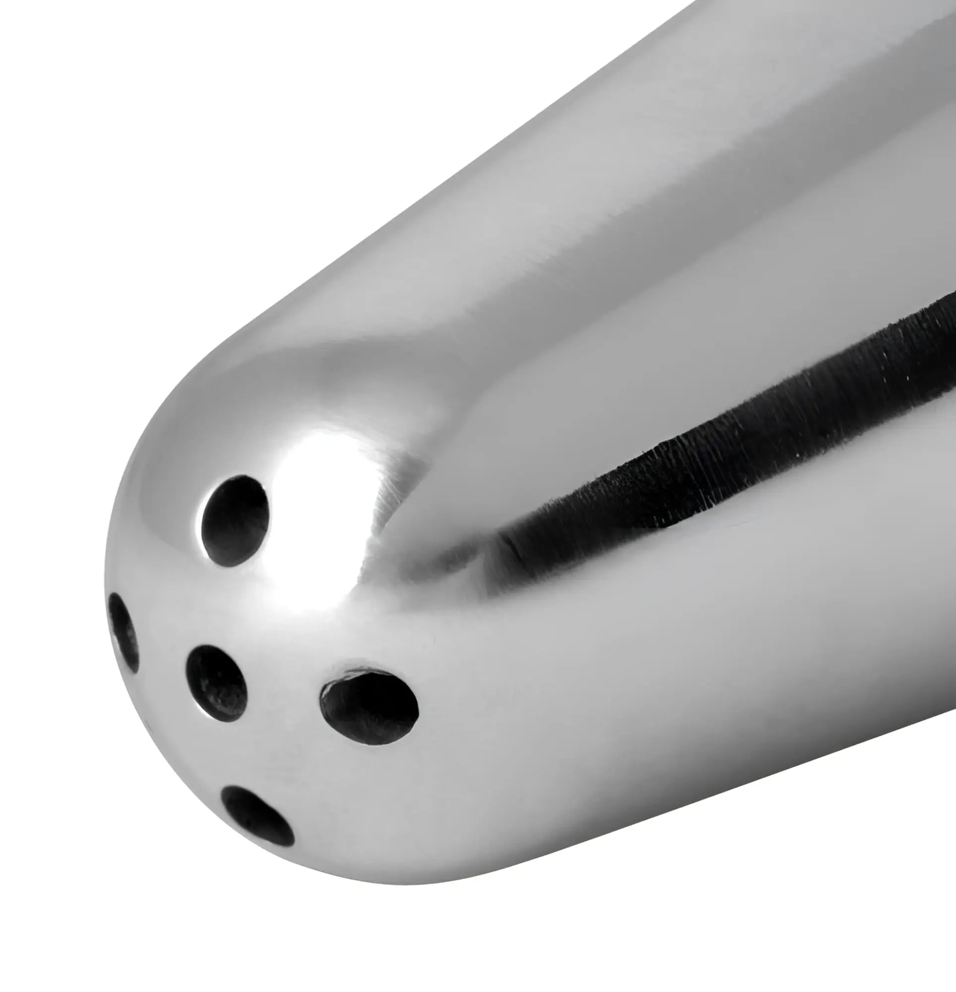 Shiny stainless steel pepper shaker with five circular perforations on rounded top for cleanstream aluminip tip