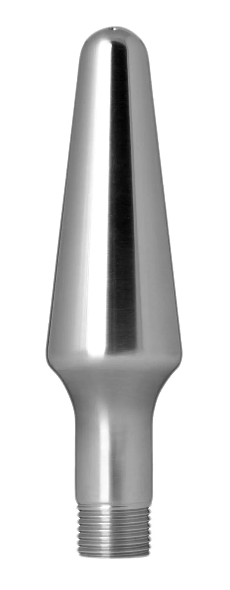 Silver metallic aluminum enema nozzle tip with threaded base from cleanstream alumitip for easy attachment