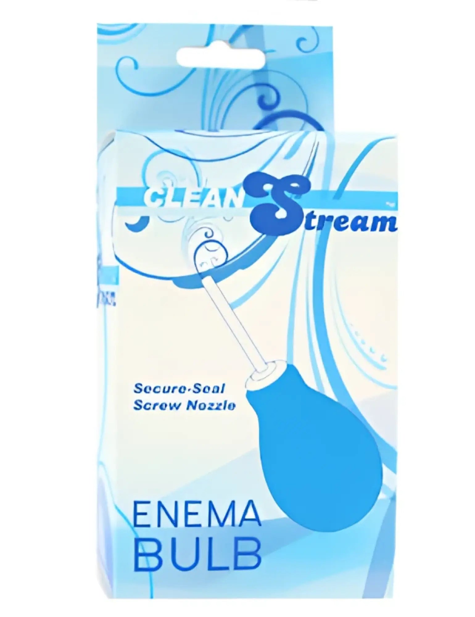 Blue plastic CleanStream bulb anal clean enema with secure-seal screw nozzle in packaging
