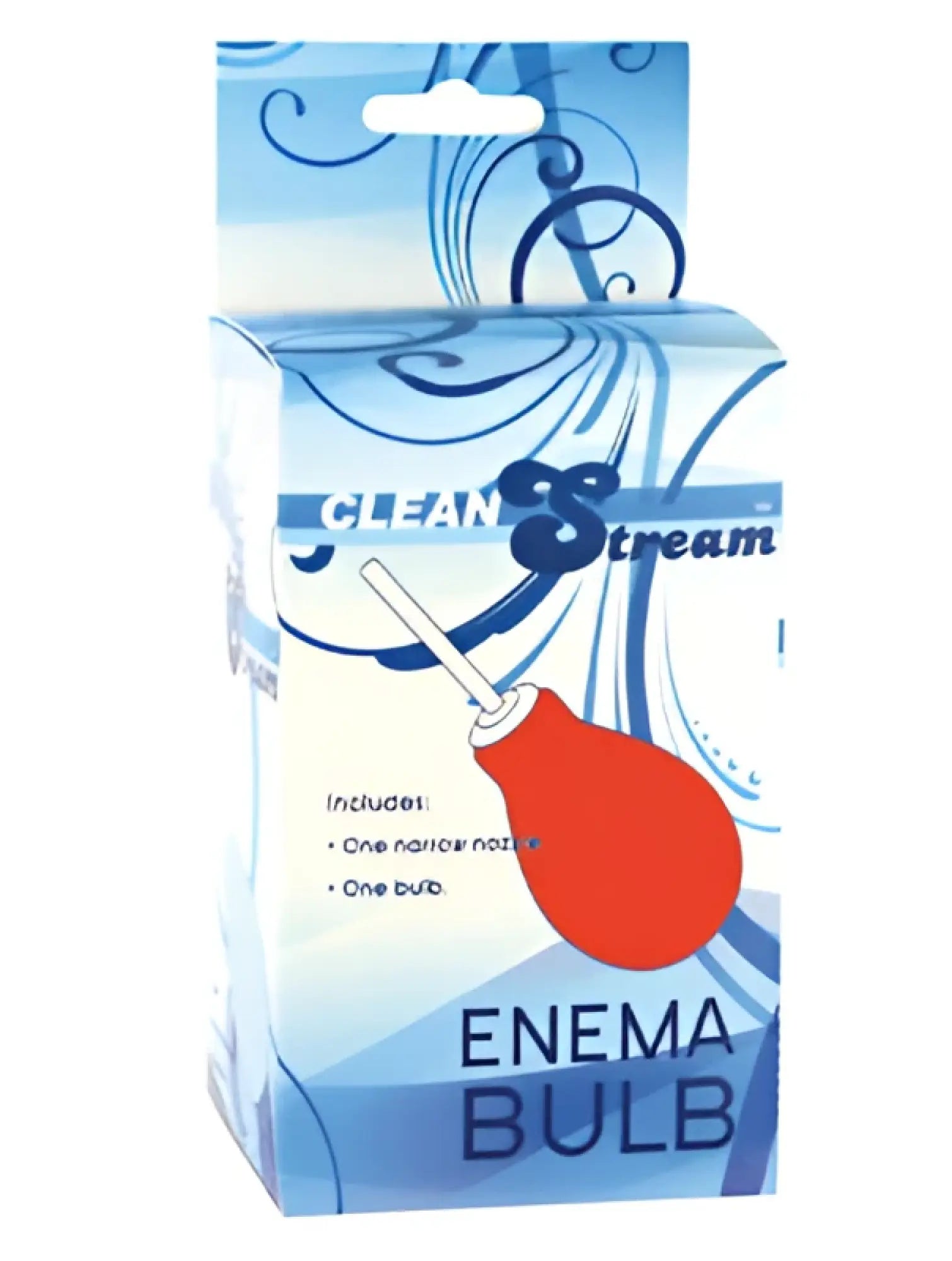 Red rubber enema bulb in blue and white clean stream packaging for anal cleaning use