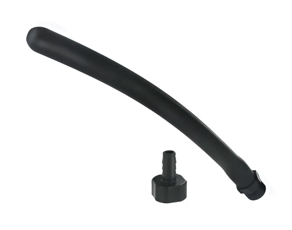 Black flexible hose with black plastic connector cap featuring silicone tip for CleanStream Comfort Nozzle back side