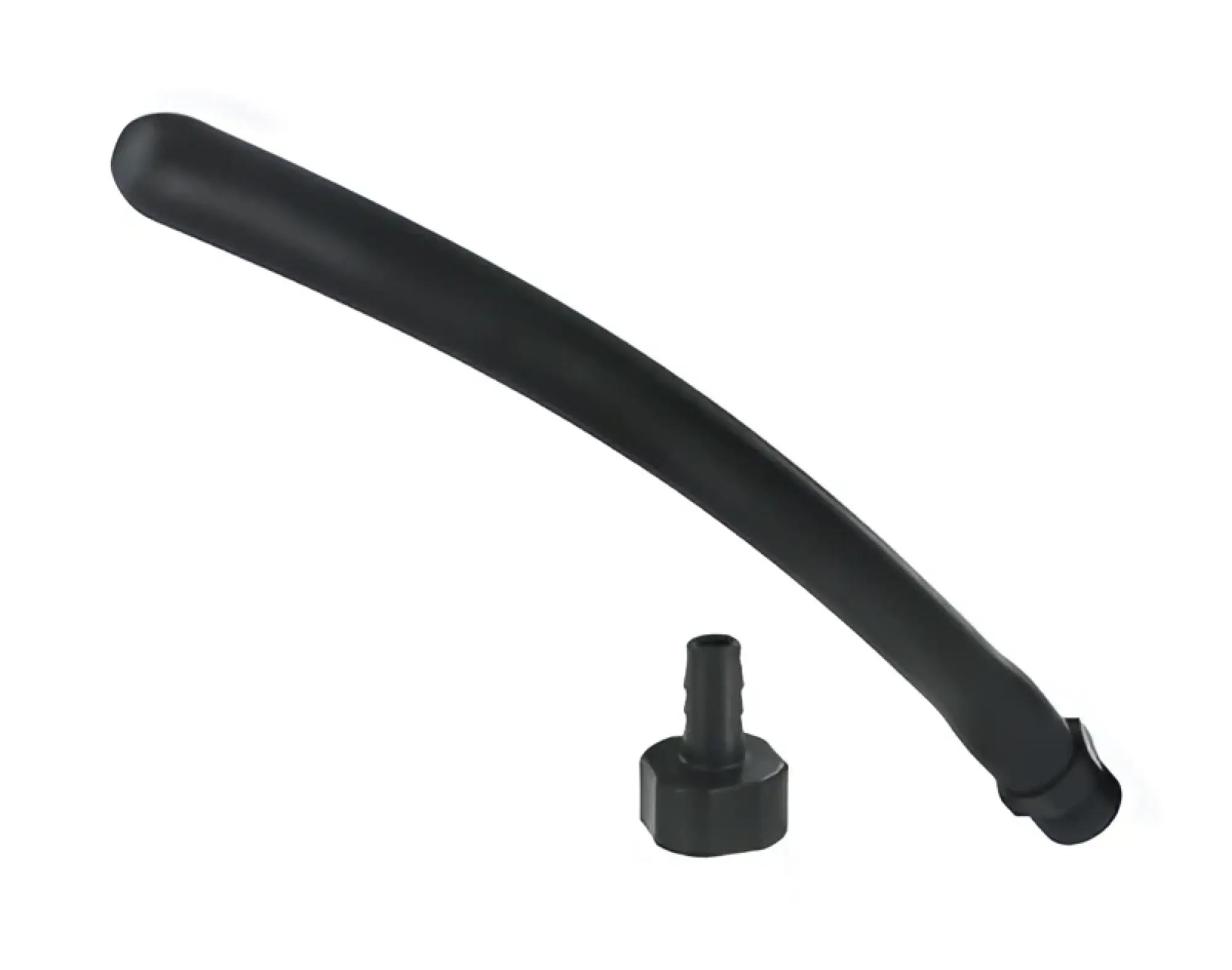 Black flexible hose with black plastic connector cap featuring silicone tip for CleanStream Comfort Nozzle back side