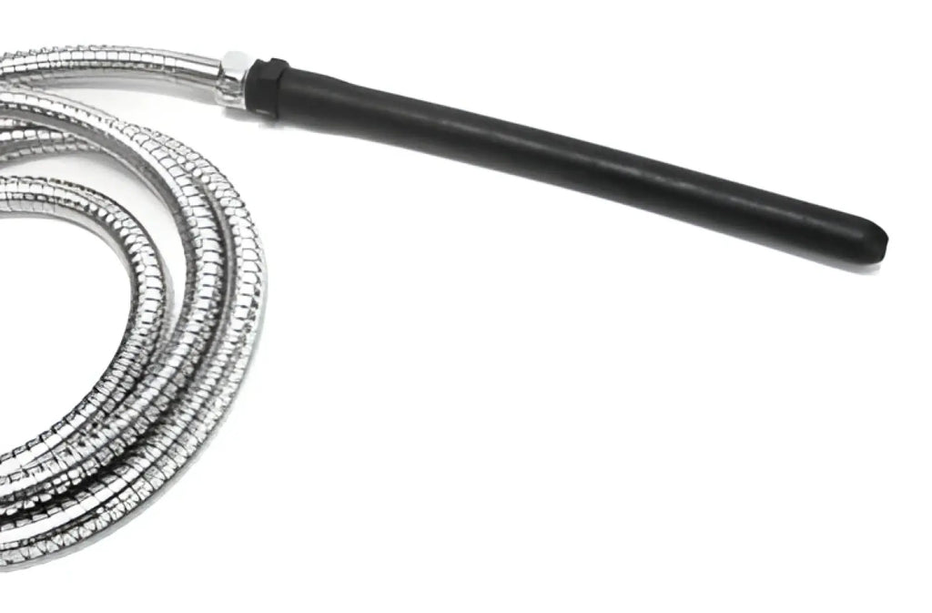 Black-handled temperature probe with coiled metallic sensor and silicone tip for cleanstream comfort nozzle use