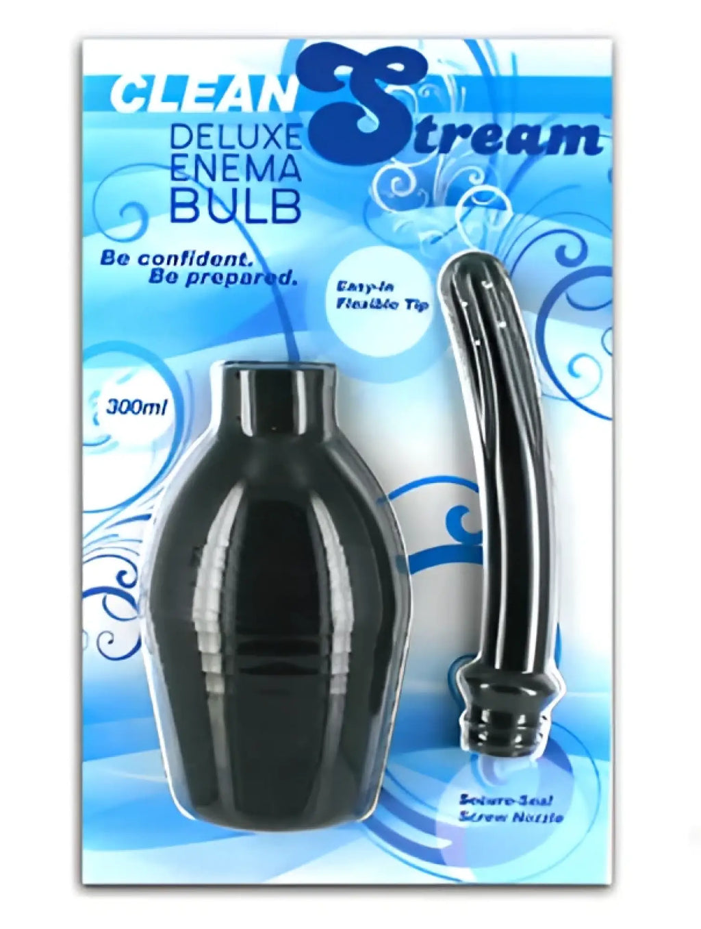 CleanStream Deluxe enema bulb black plastic with flexible tip and screw nozzle in blue and white packaging