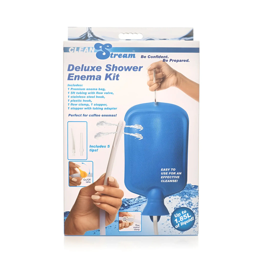 Blue plastic deluxe shower enema kit bag with stainless steel hook and flow valve in cleanstream deluxe shower enema kit