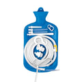 Blue plastic hot water bottle with white tubing and connectors in cleanstream deluxe shower enema bag and nozzle kit