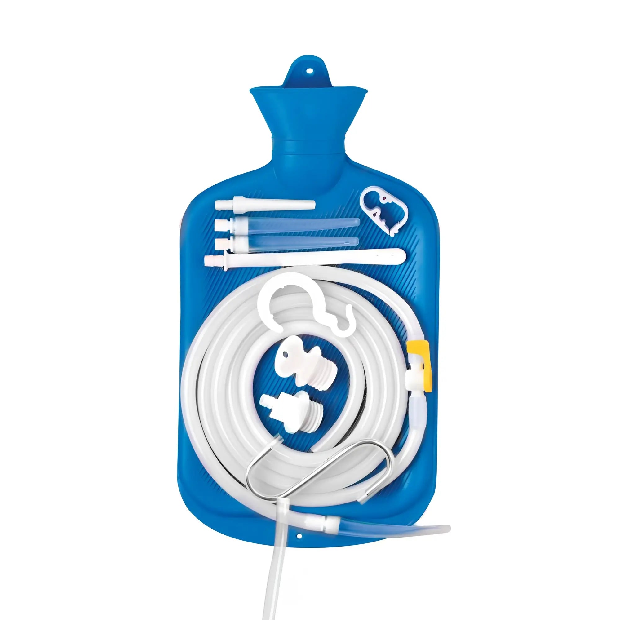 Blue plastic hot water bottle with white tubing and connectors in cleanstream deluxe shower enema bag and nozzle kit