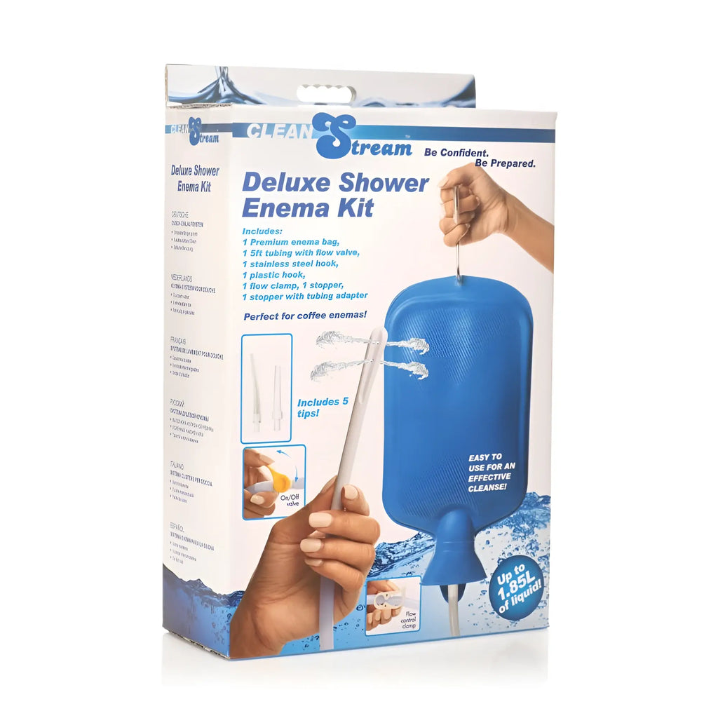 Cleanstream deluxe shower enema bag in blue plastic with stainless steel hook and tubing for personal hygiene use