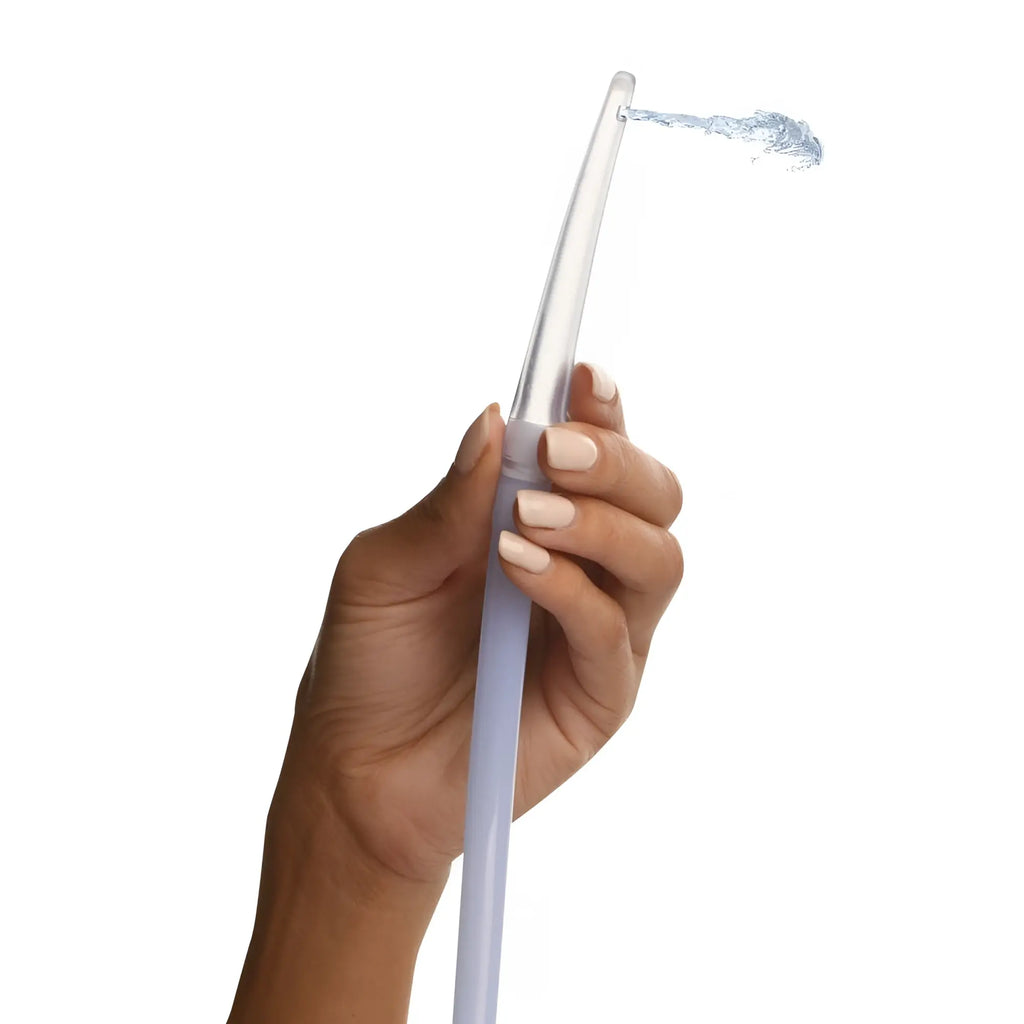 Cleanstream deluxe shower enema bag and nozzle kit with translucent light purple handheld nasal irrigation device spraying water