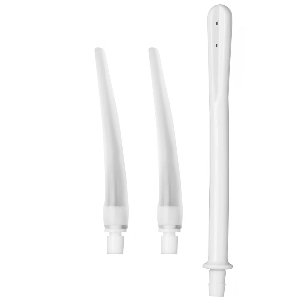 White plastic irrigation tips for medical use included in cleanstream deluxe shower enema bag and nozzle kit
