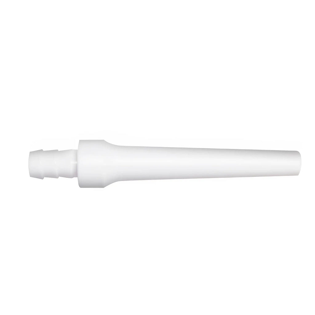 White plastic pipe connector with tapered end and threaded fitting for cleanstream deluxe shower enema kit