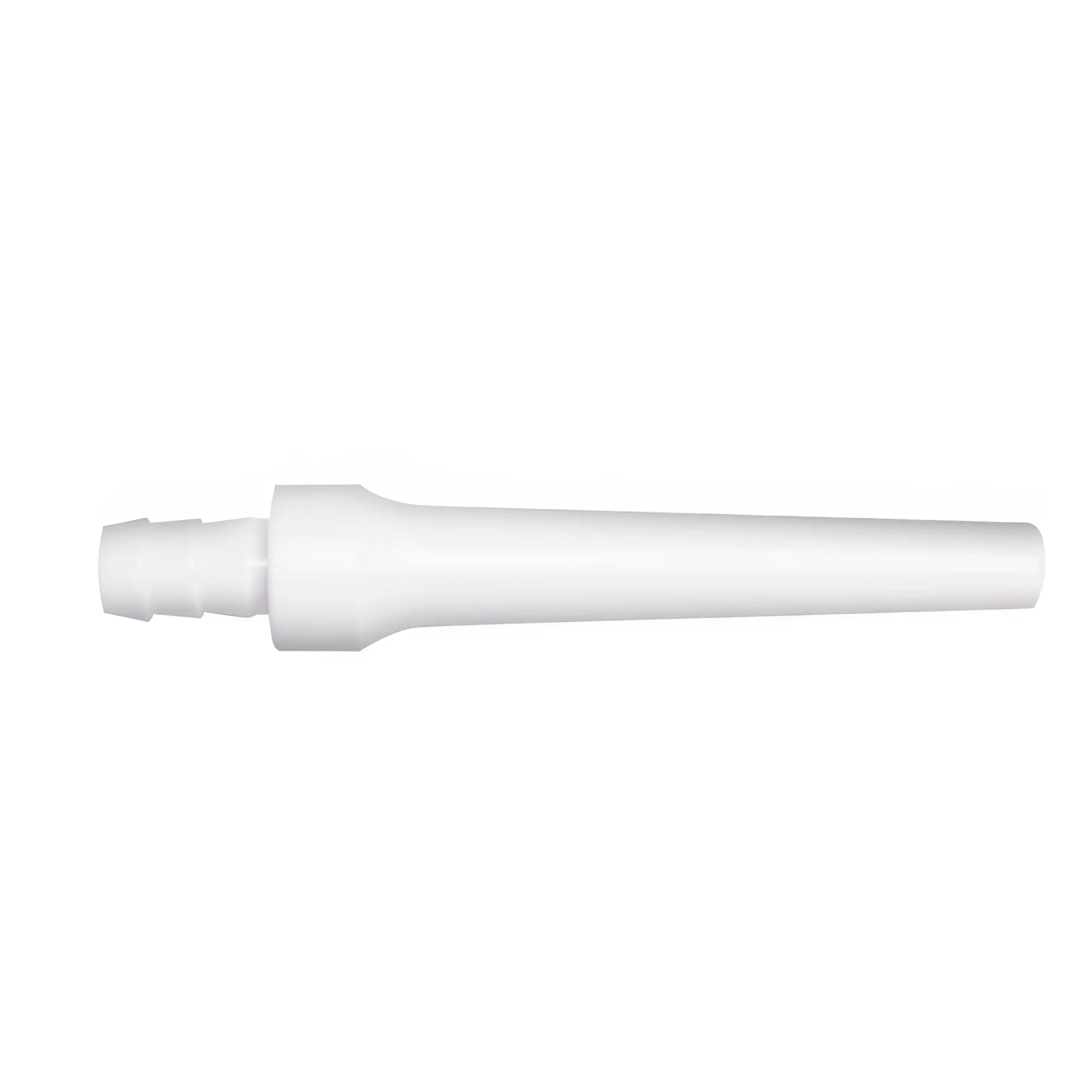 White plastic pipe connector with tapered end and threaded fitting for cleanstream deluxe shower enema kit