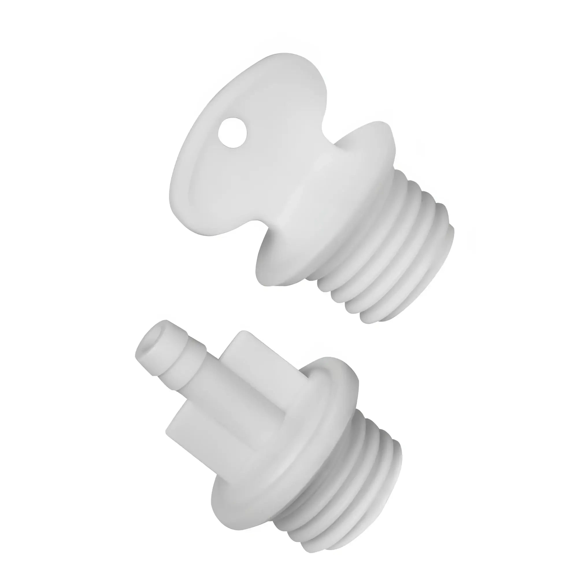 White plastic pipe fittings with threaded ends and distinct shapes for cleanstream deluxe shower enema bag and nozzle kit