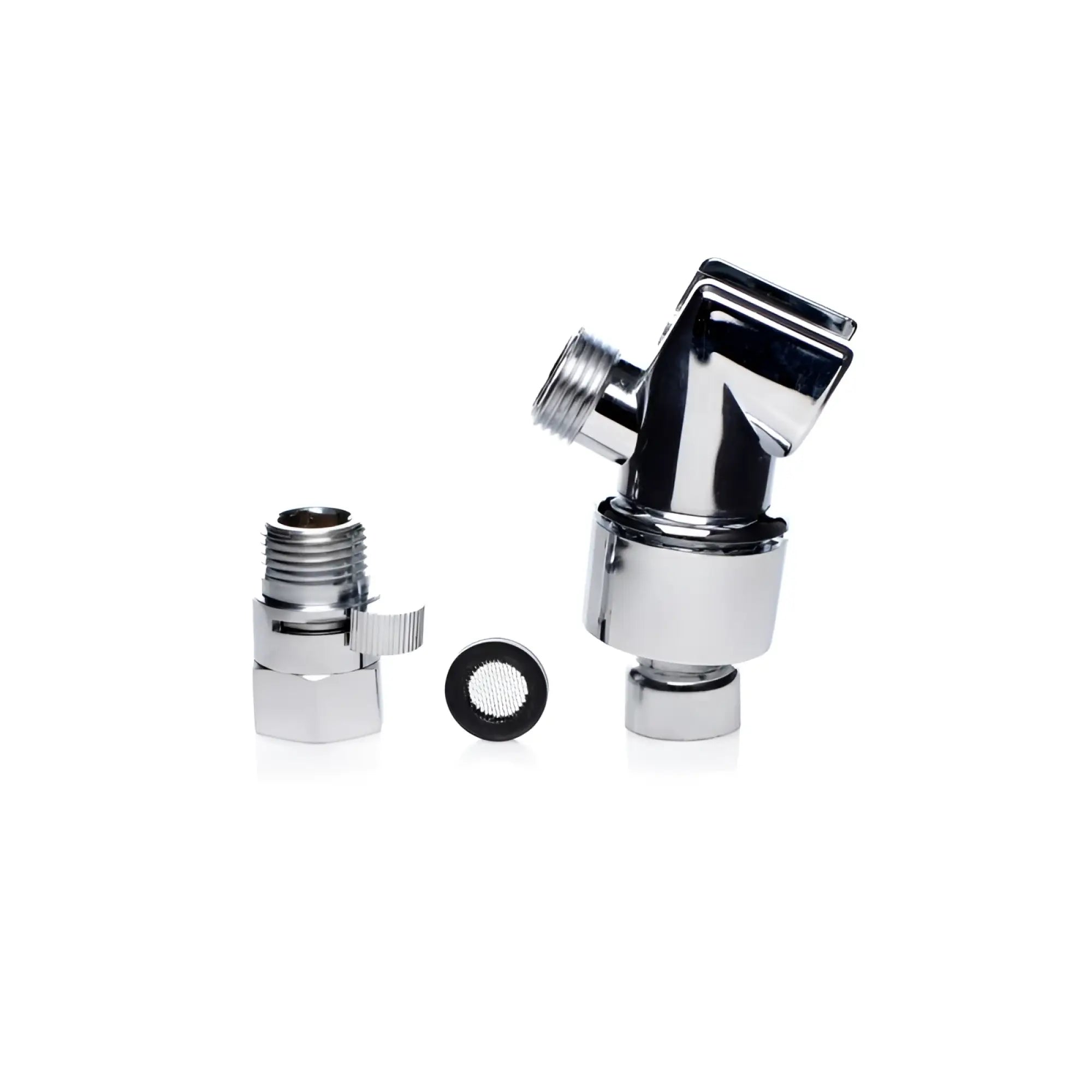 Chrome-finished bathroom faucet adapter with sleek angular design and threaded connections for CleanStream enema set