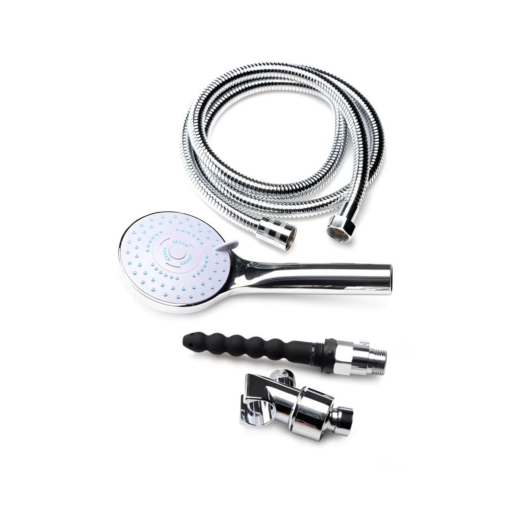 Cleanstream discreet shower enema set chrome handheld showerhead with circular face multiple spray nozzles and control knob