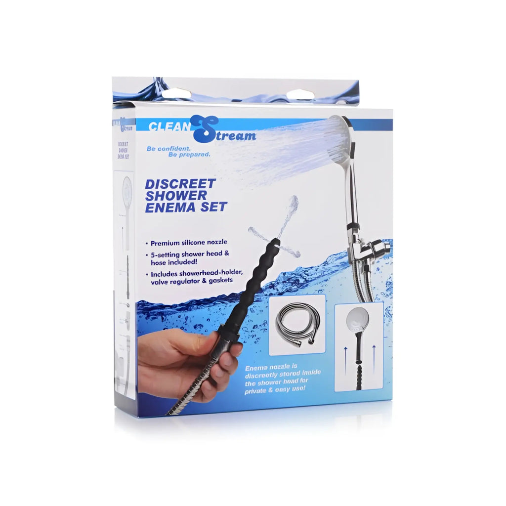 Cleanstream discreet shower enema set with sleek chrome shower head and black silicone nozzle with flexible hose