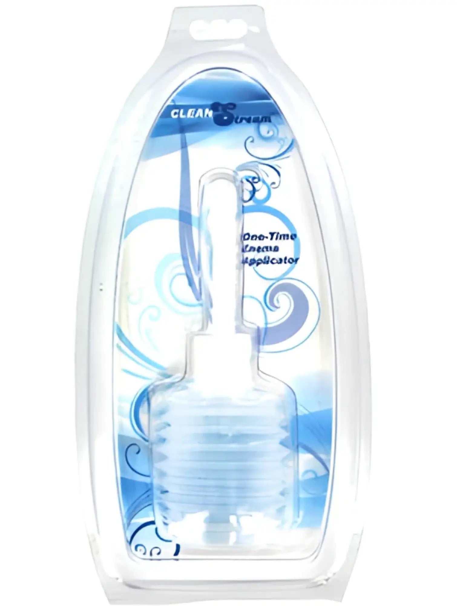 Clear plastic disposable enzyme applicator in blue and white blister pack for cleanstream disposable douche use