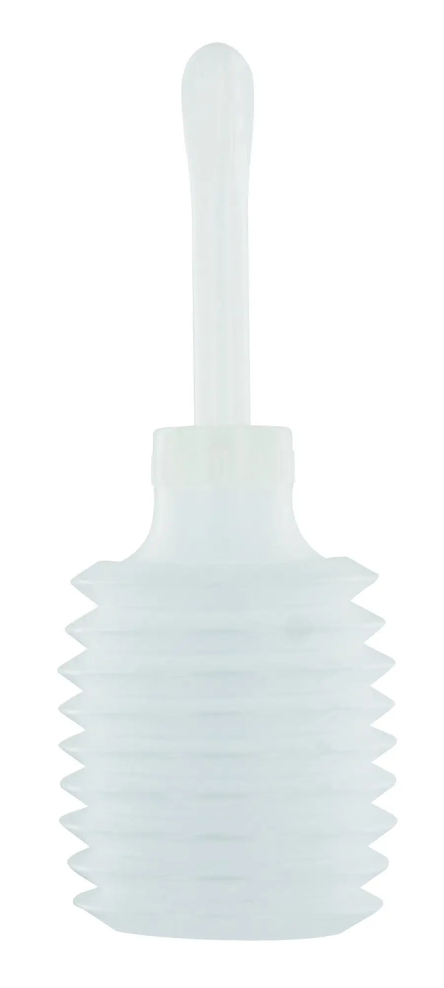 Transparent plastic CleanStream disposable douche bottle with long slender spout and ribbed body for irrigation