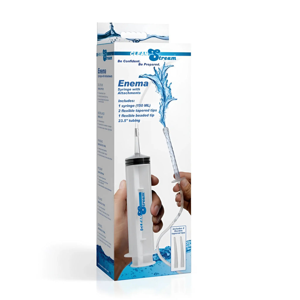 CleanStream enema syringe with attachments clear plastic black cap blue branding in white box with water splash graphics