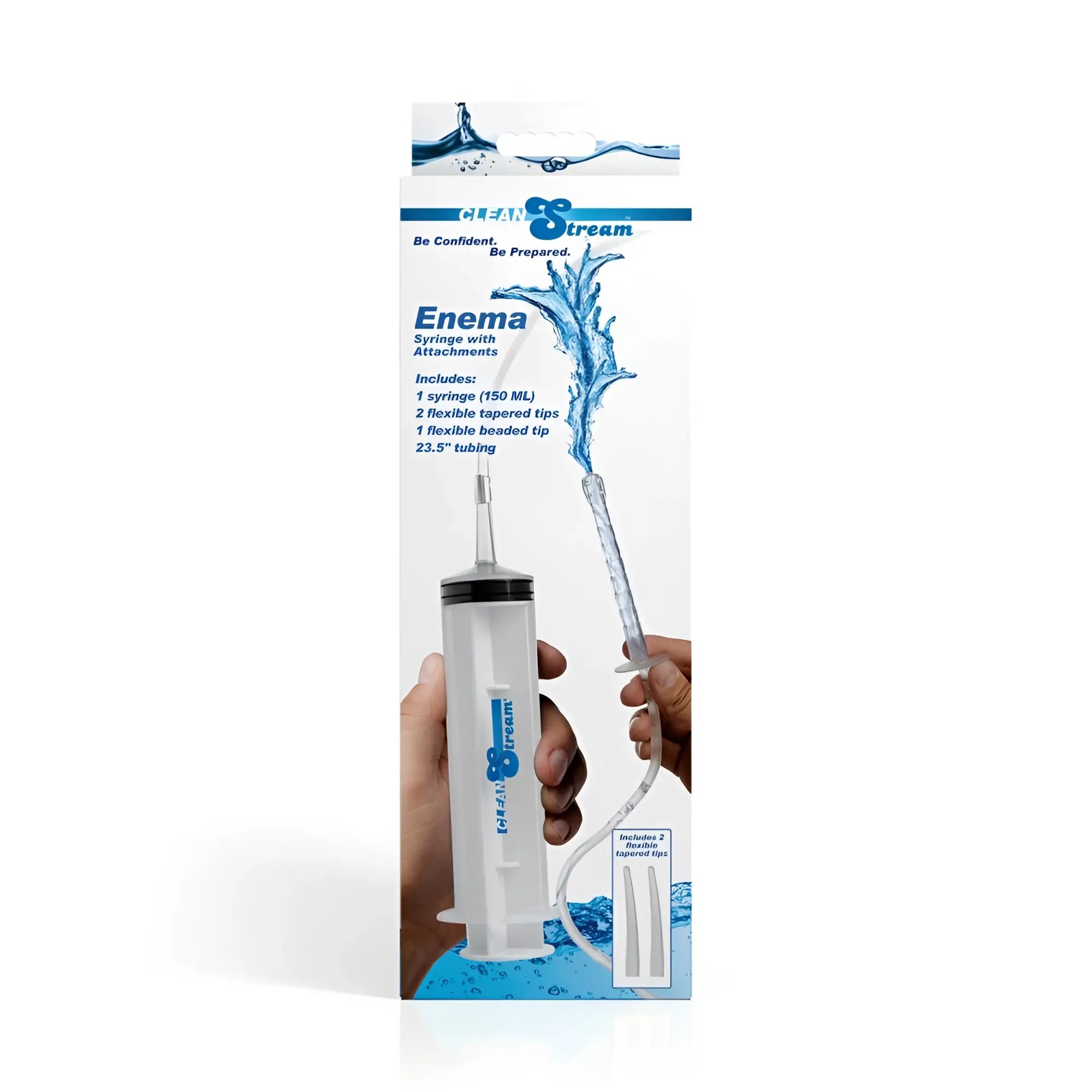 CleanStream enema syringe with clear plastic body transparent tubing and black cap with attachments for easy use