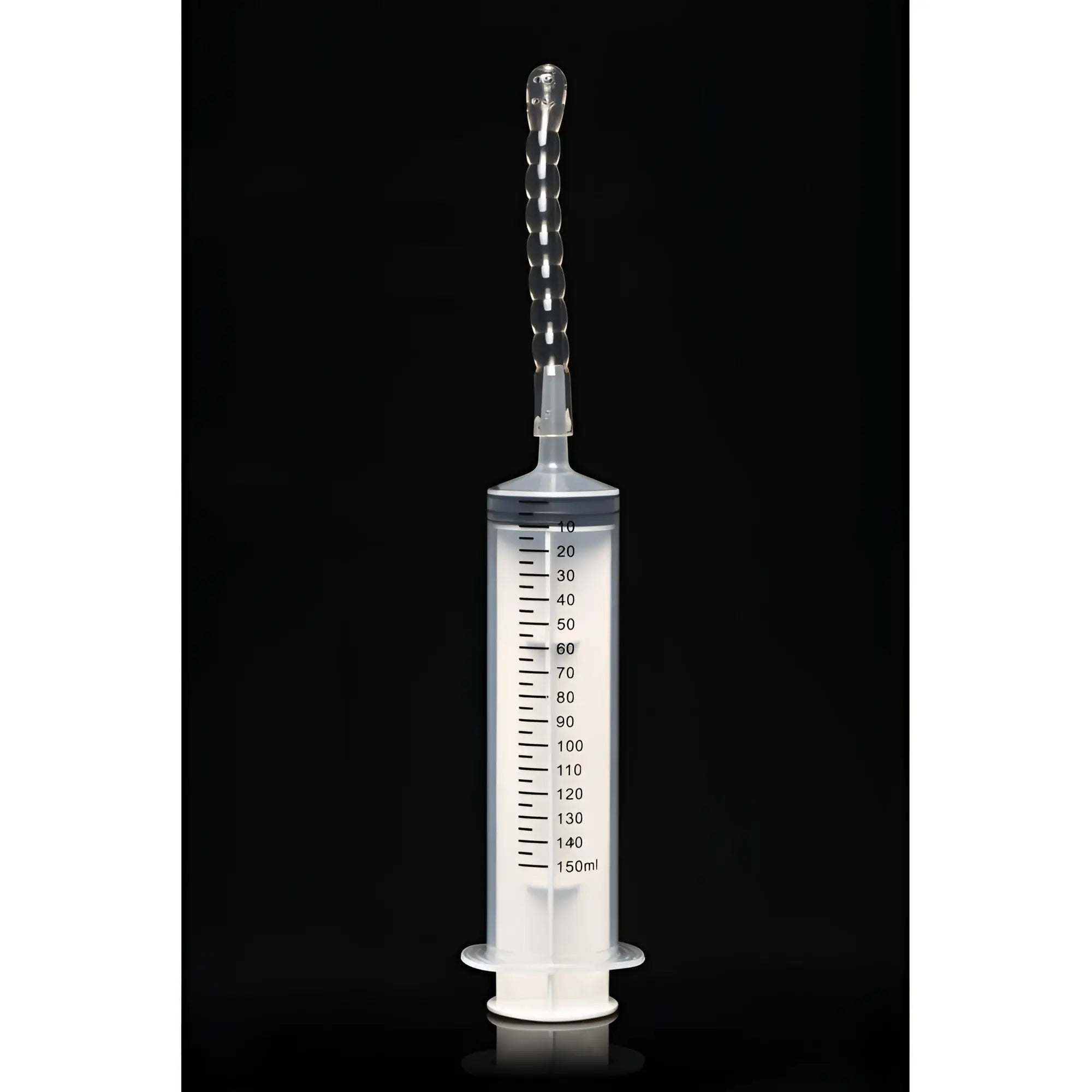 Clear plastic cleanstream enema syringe with transparent ribbed plunger and 150ml measurement markings