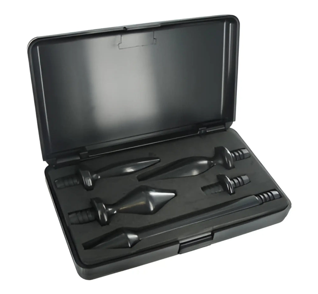 Black plastic case containing cleanstream enema tip set with black metal drill bits for cleansing use