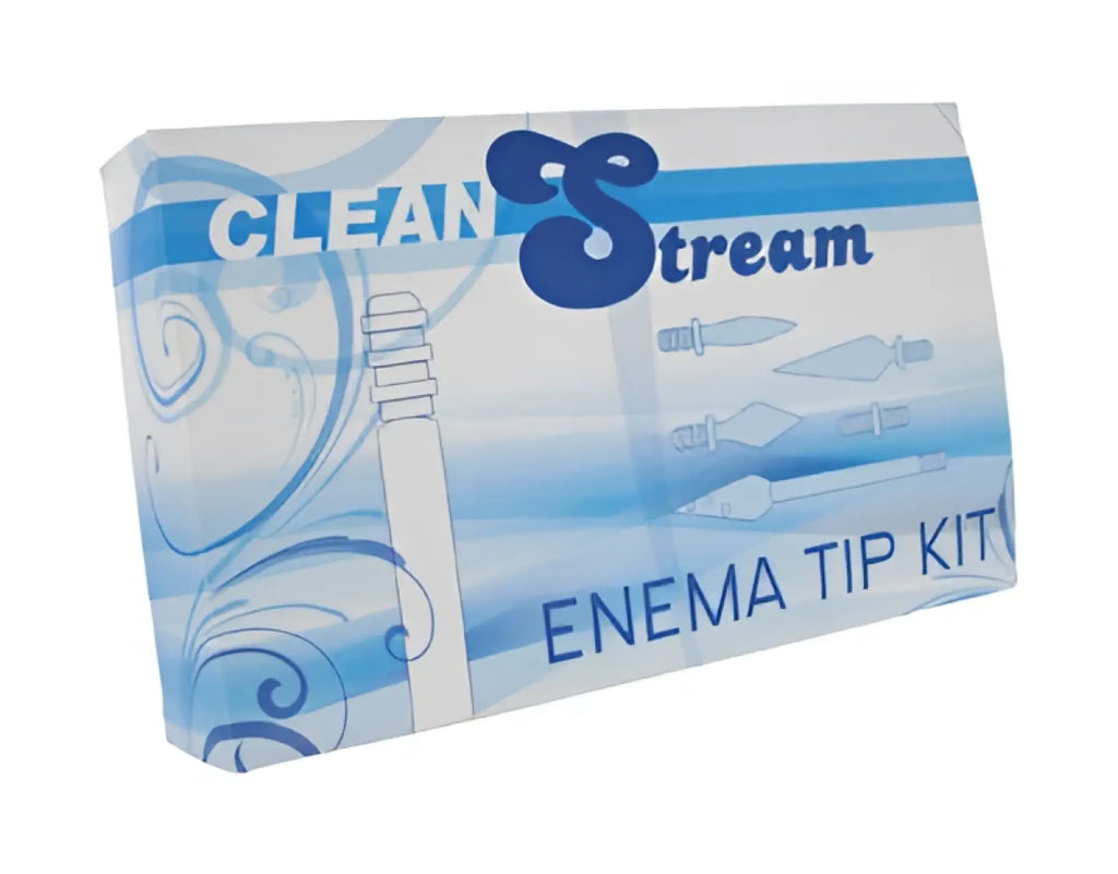 Blue and white clean stream enema tip kit packaging with decorative swirls for hygienic personal use