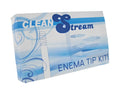 Blue and white clean stream enema tip kit packaging with decorative swirls for hygienic personal use