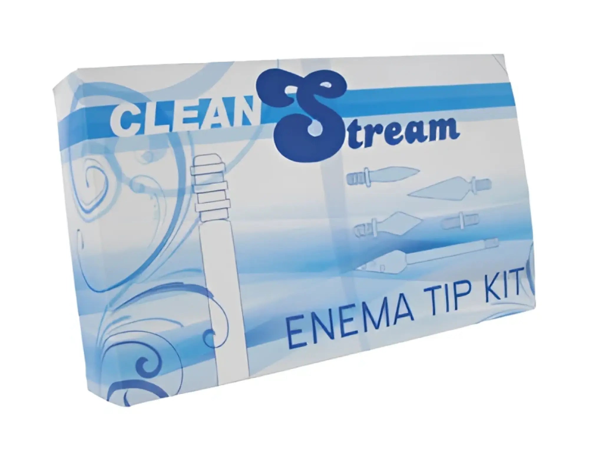 Blue and white clean stream enema tip kit packaging with decorative swirls for hygienic personal use