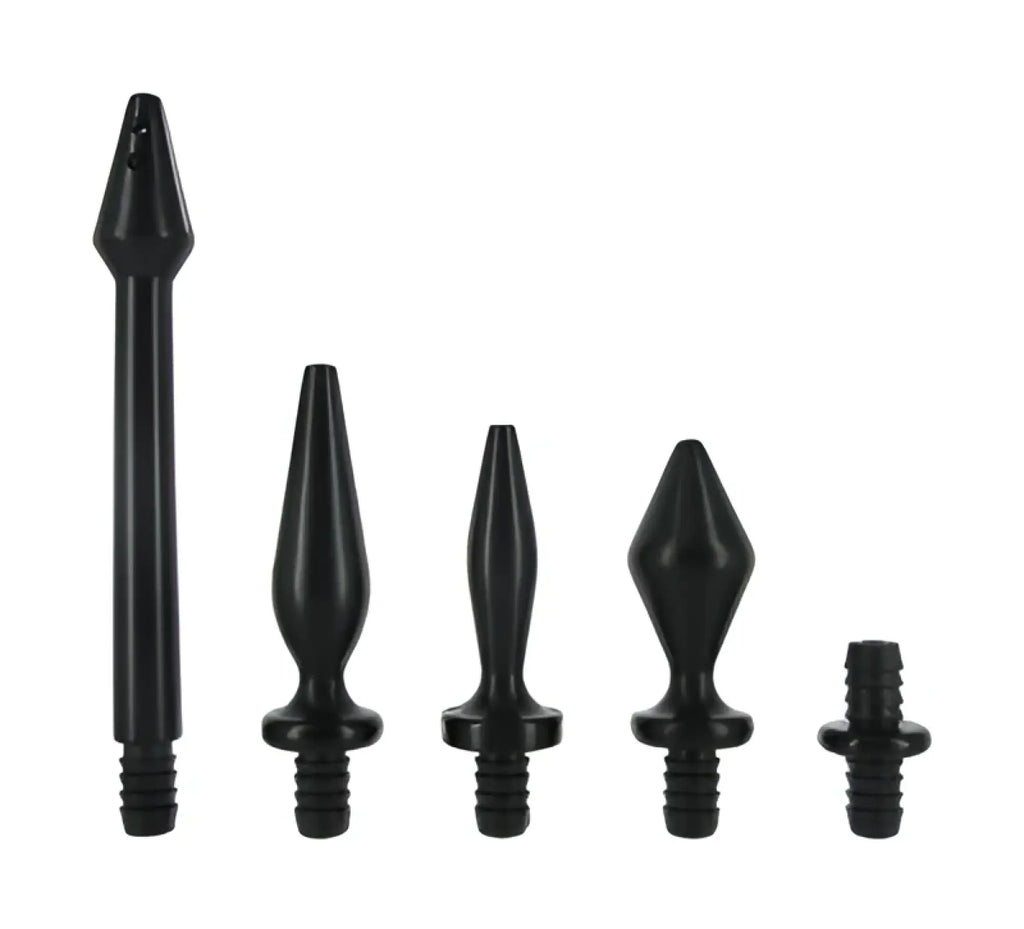 Set of five black plastic threaded dart tips with varying shapes from cleanstream enema tip set