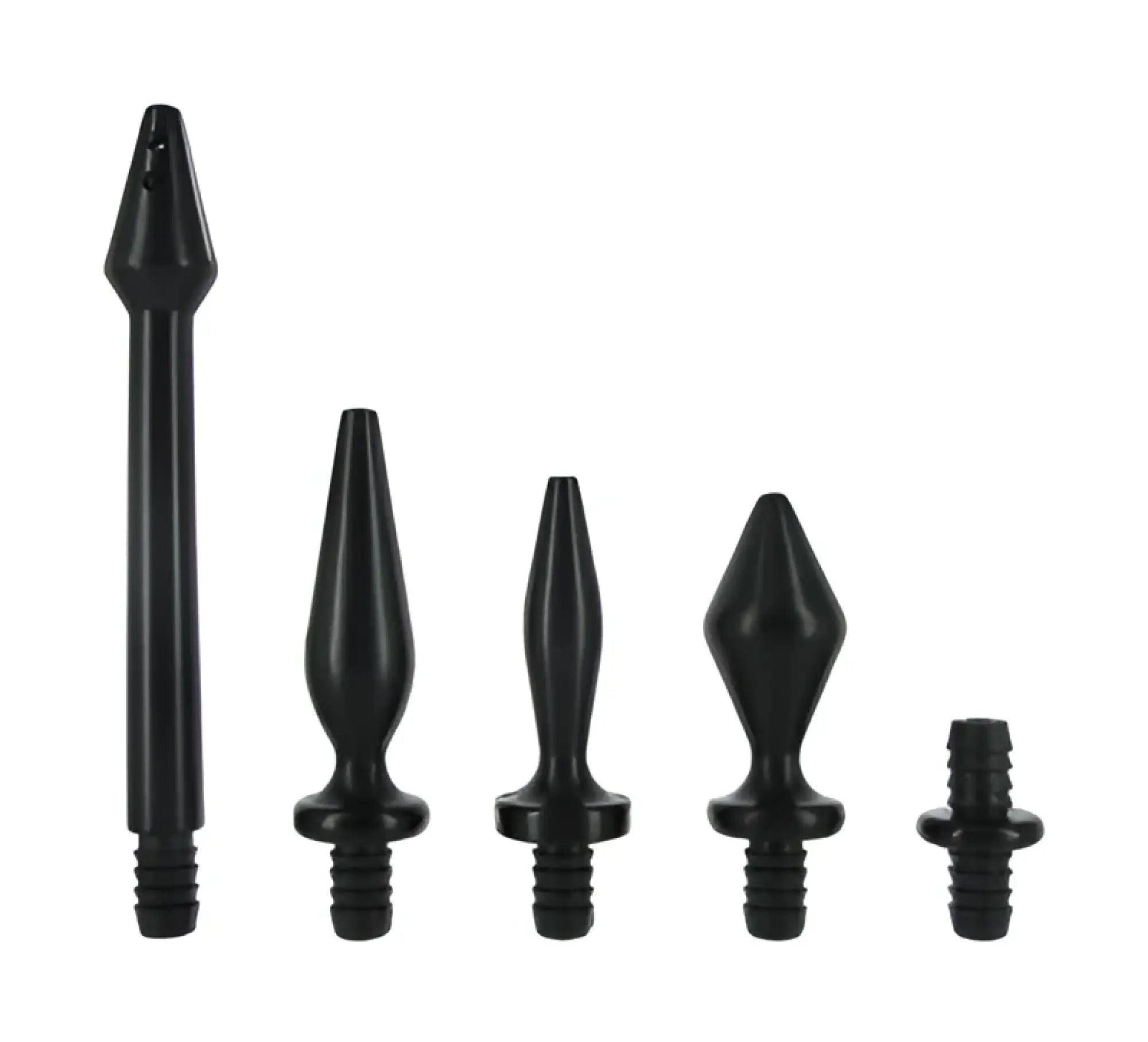 Set of five black plastic threaded dart tips with varying shapes from cleanstream enema tip set