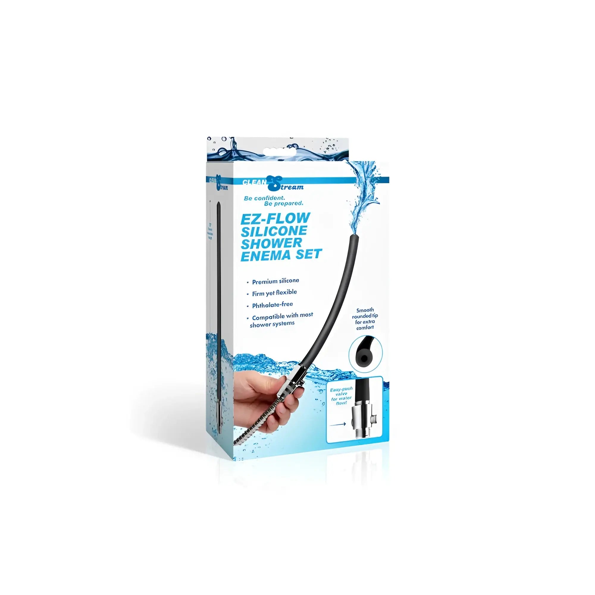 CleanStream EZ-Flow silicone shower enema set with black flexible silicone tube rounded tip and metal connector