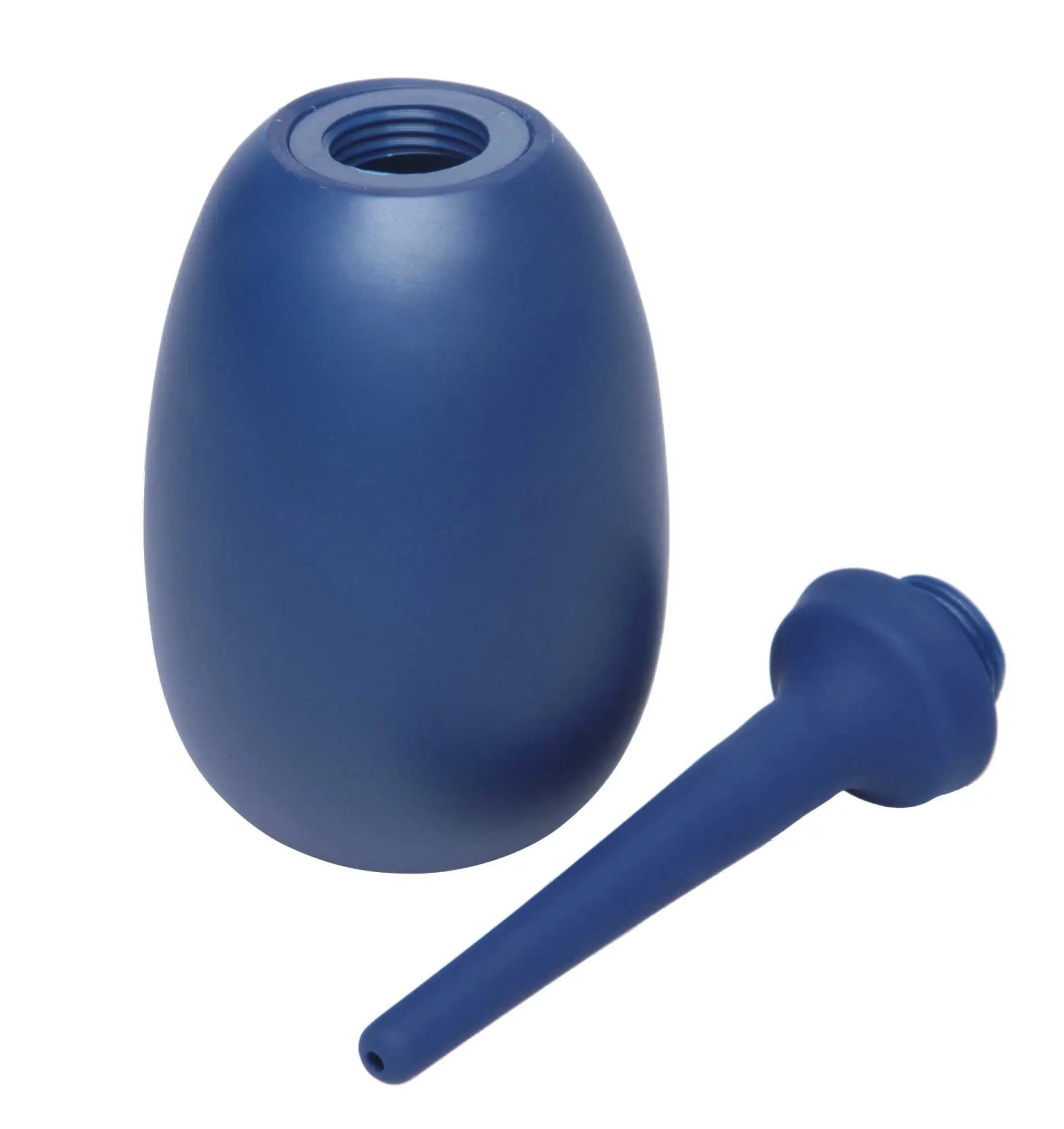 Blue silicone urinal jet nozzle and reservoir set for cleanstream flex tip cleansing enema bulb use