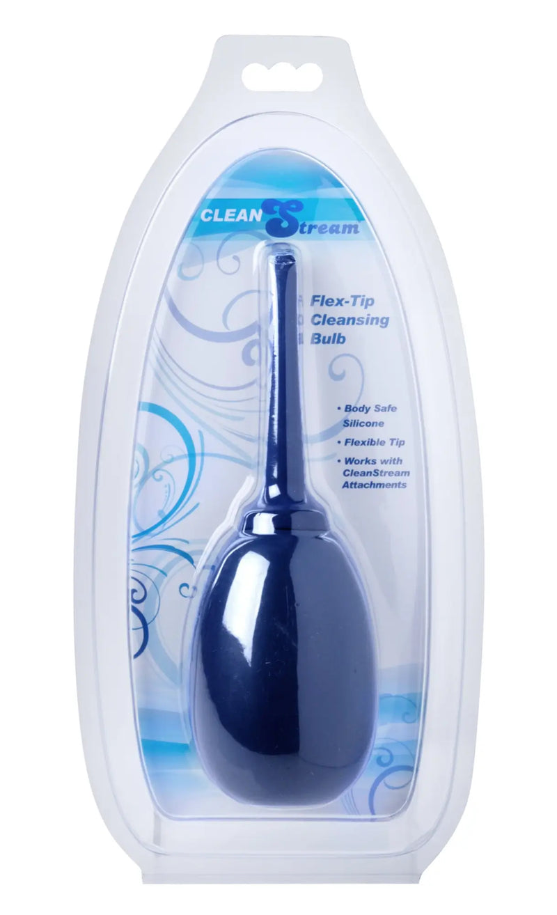 Dark blue silicone cleansing enema bulb with flexible tip packaged in clear plastic for cleanstream flex tip
