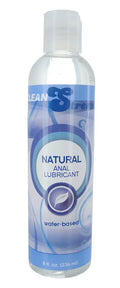 ClearStream natural water based anal lubricant 8oz clear plastic bottle with blue and white label and leaf illustration