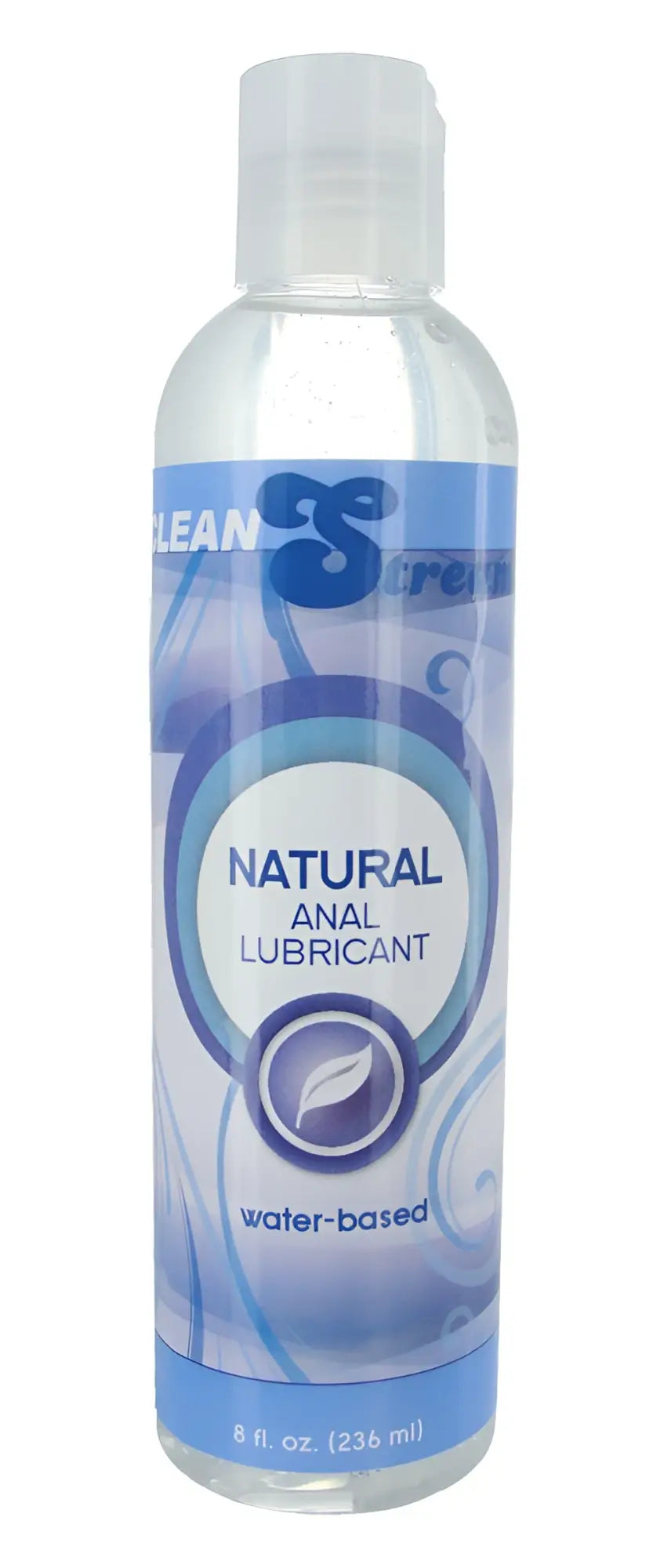 ClearStream natural water based anal lubricant 8oz clear plastic bottle with blue and white label and leaf illustration