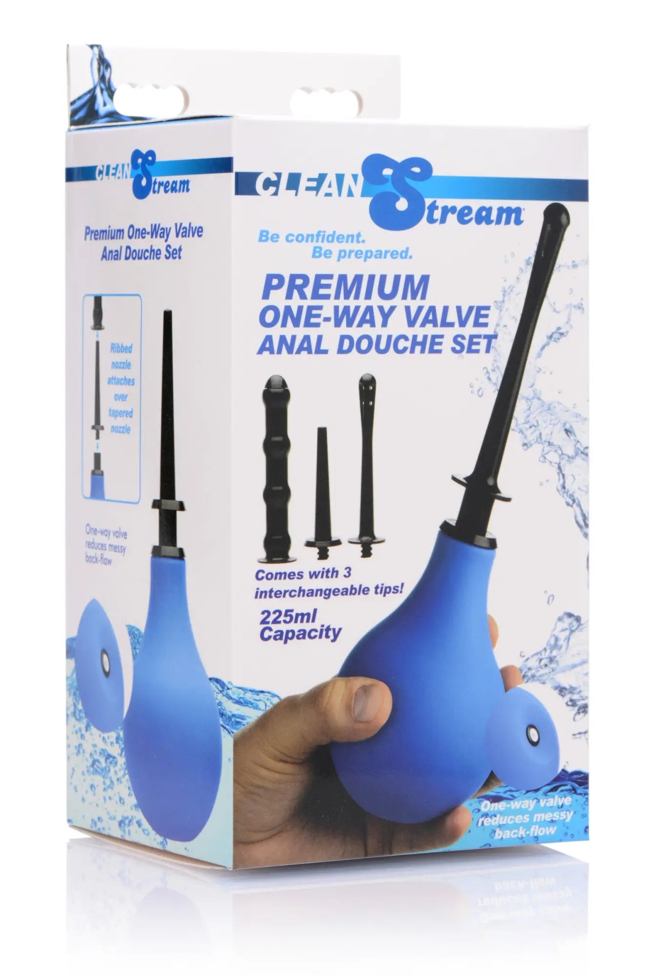 Cleanstream premium one way valve anal douche set with blue plastic bottle and black nozzle with interchangeable tips