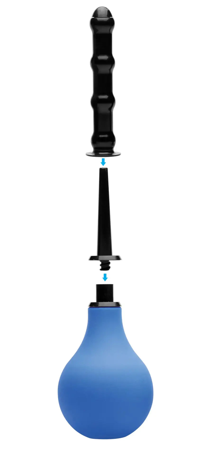 Blue rubber bulb with black plastic handle and nozzle in cleanstream premium one way valve anal douche set