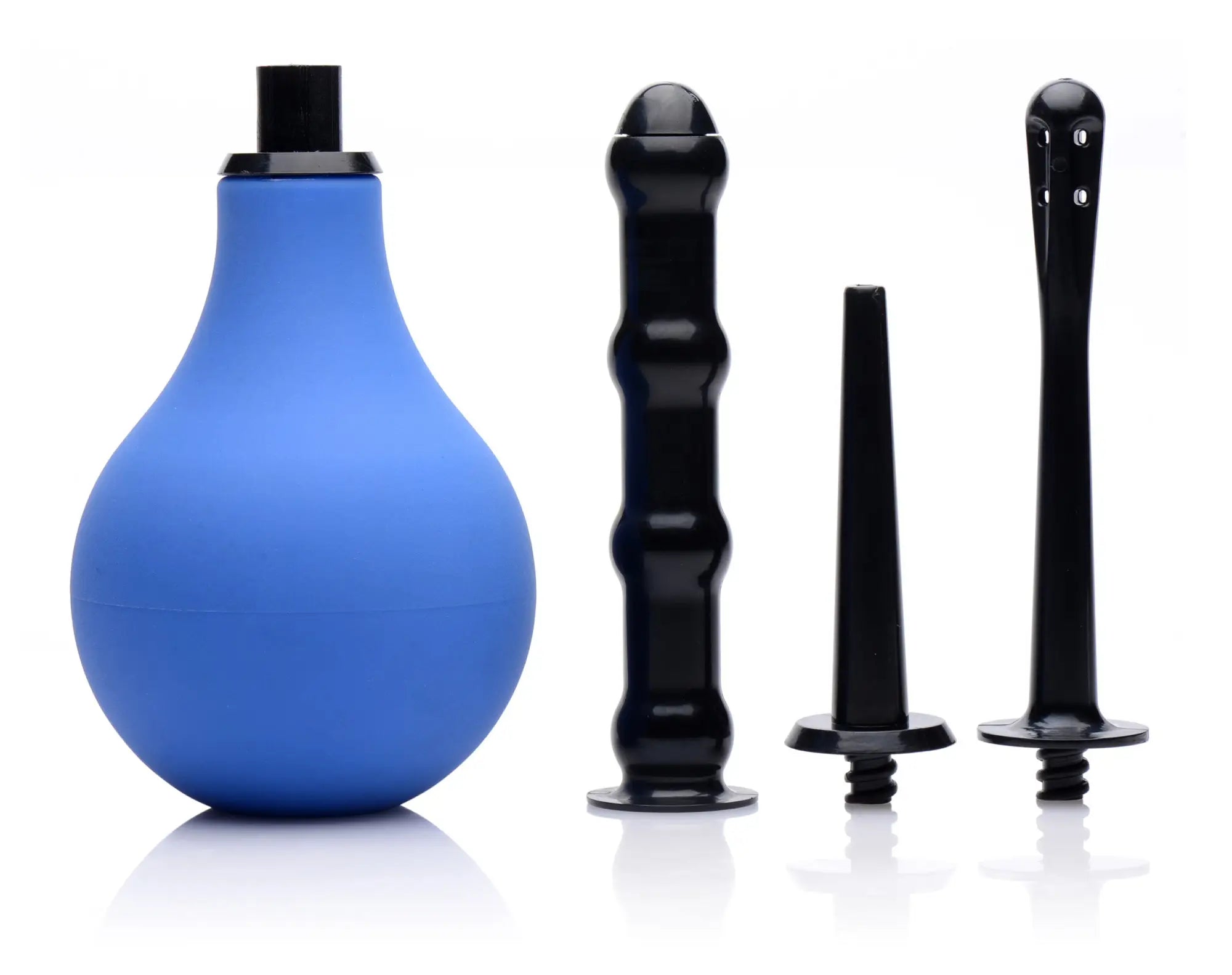 Blue silicone bulb with black cap and three black plastic attachments for CleanStream premium one way valve anal douche set