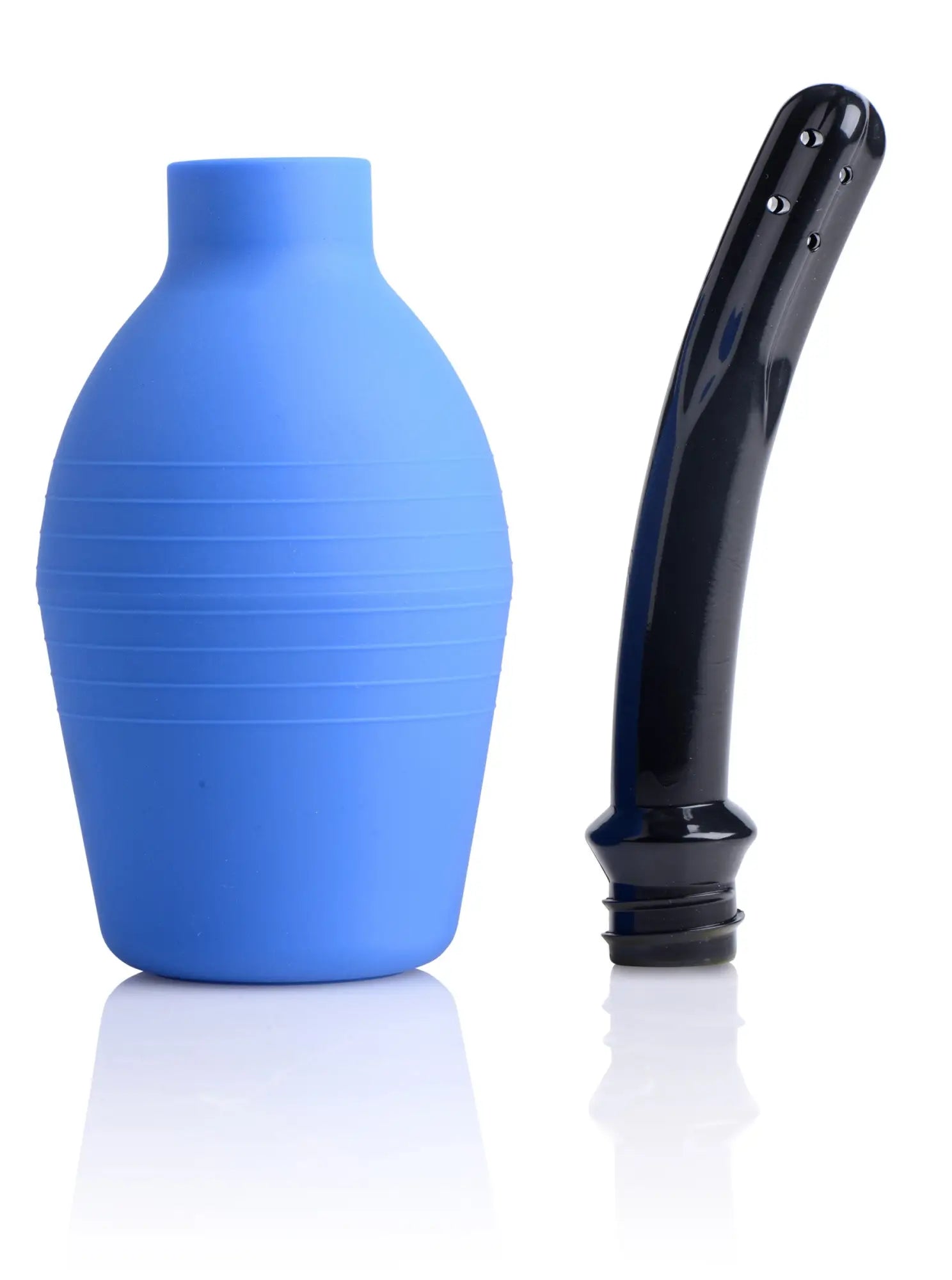 Cleanstream premium one way valve enema bulb with blue silicone bulb and black plastic nozzle attachment