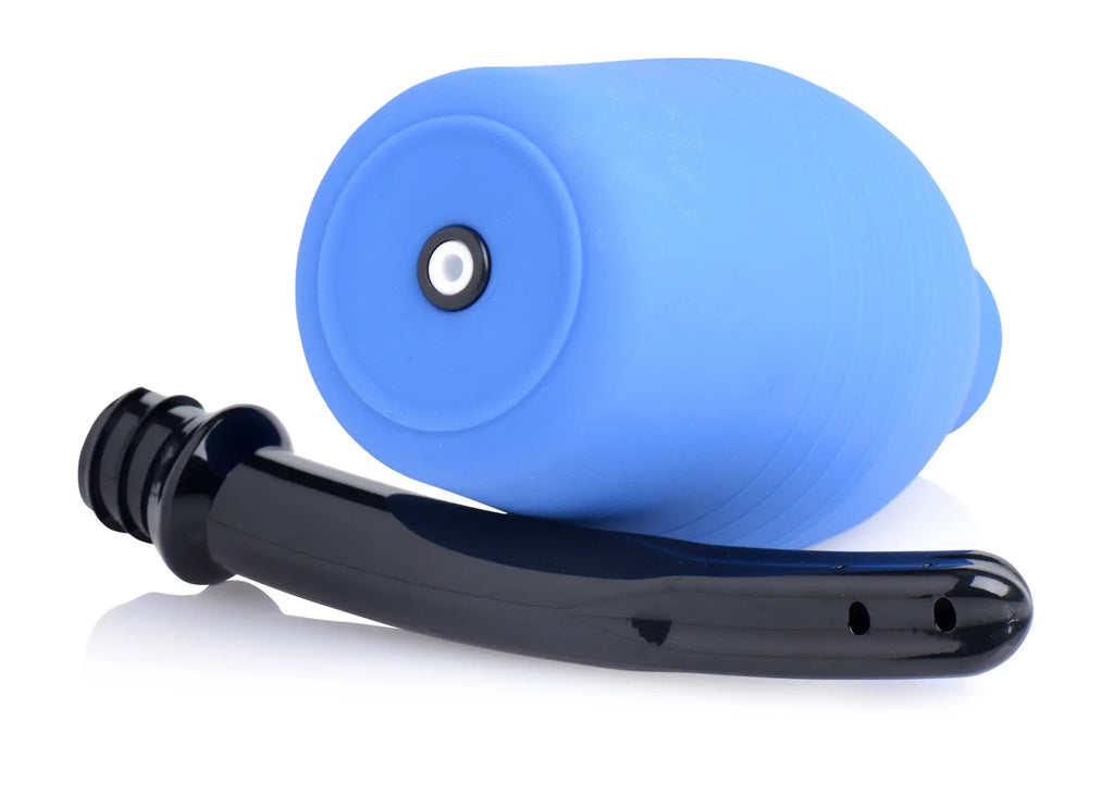 Blue silicone CleanStream premium one way valve enema bulb with black plastic straw and cap for easy use