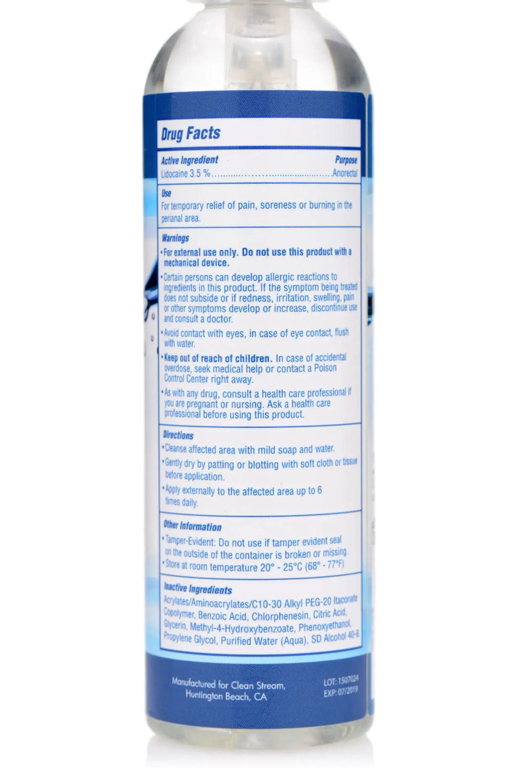 Blue and white spray bottle of cleanstream relax anal lube with lidocaine 3.5 percent for temporary pain relief